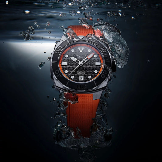 Alpina Men's Seastrong Diver Extreme Automatic Stainless Steel Watch with Black Dial & Orange Rubber Strap side profile