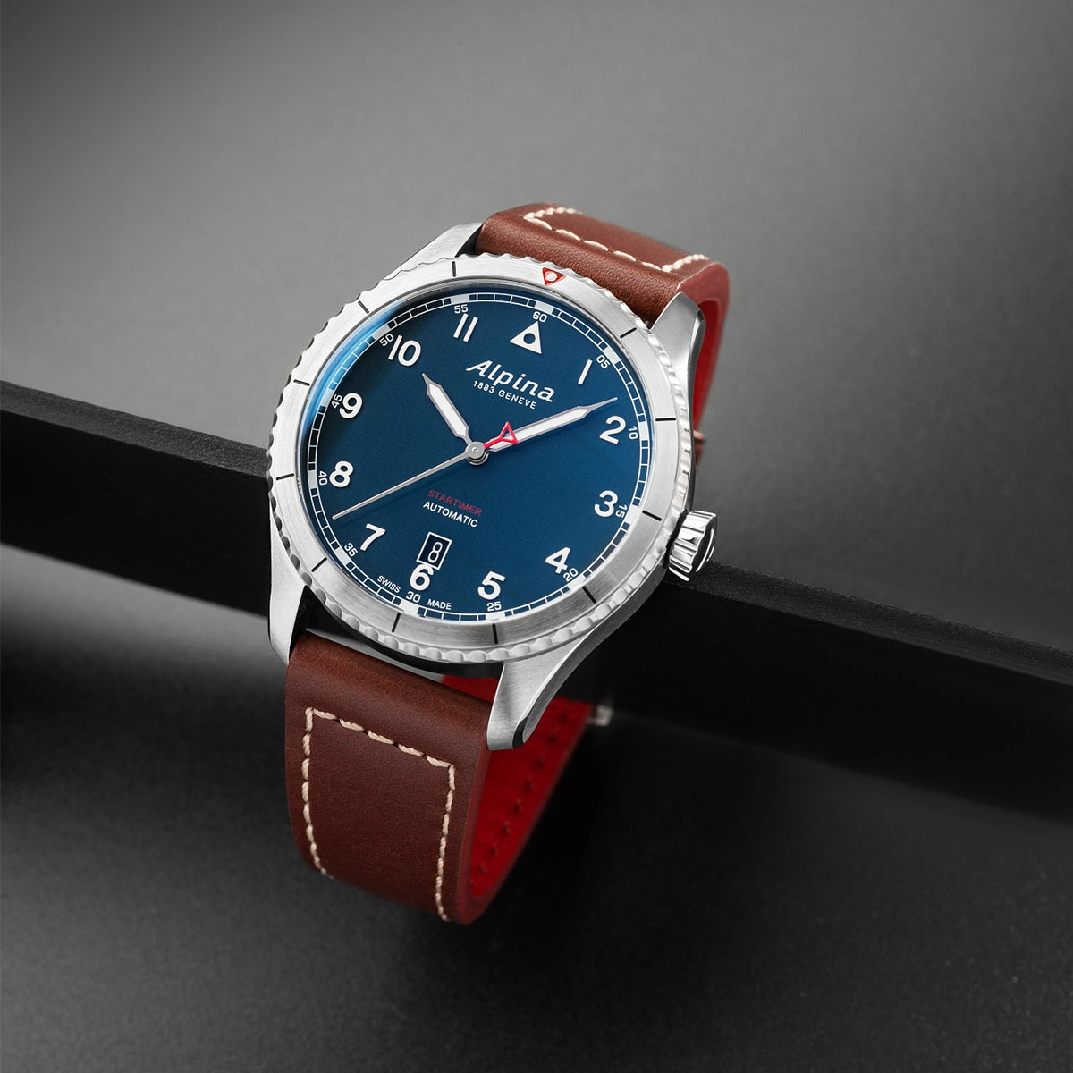 Alpina Men's Startimer Pilot Automatic Stainless Steel Watch with Blue Dial & Brown Leather Strap side profile