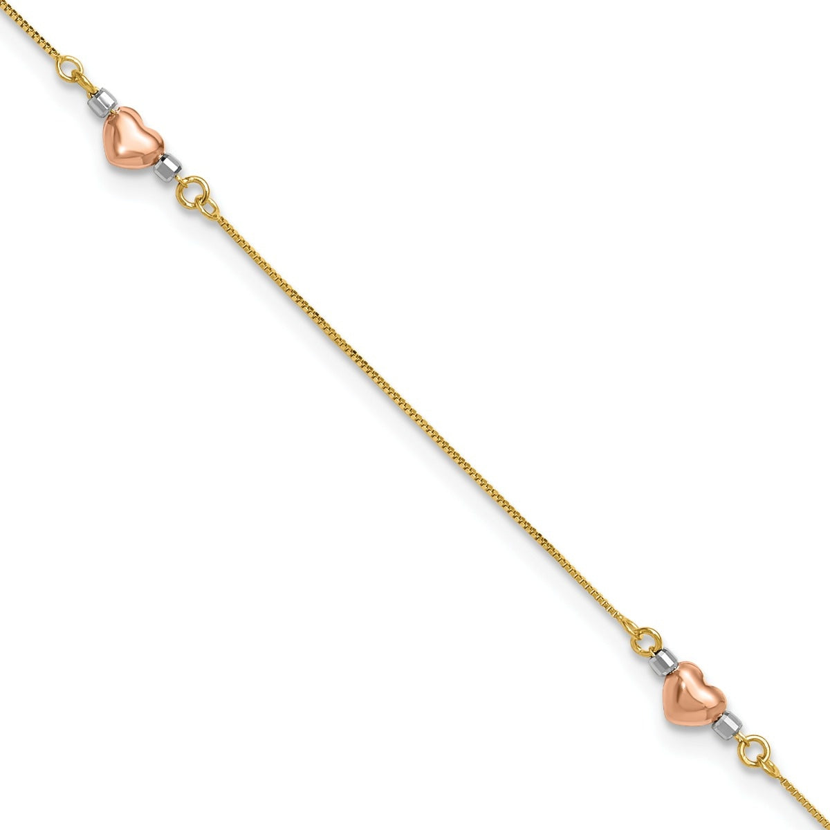 9-inch Adjustable Puffed Heart Ankle Bracelet in Tri-Tone Gold front view