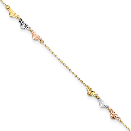 9-inch Adjustable Diamond Cut Heart Ankle Bracelet in Tri-Tone Gold front view