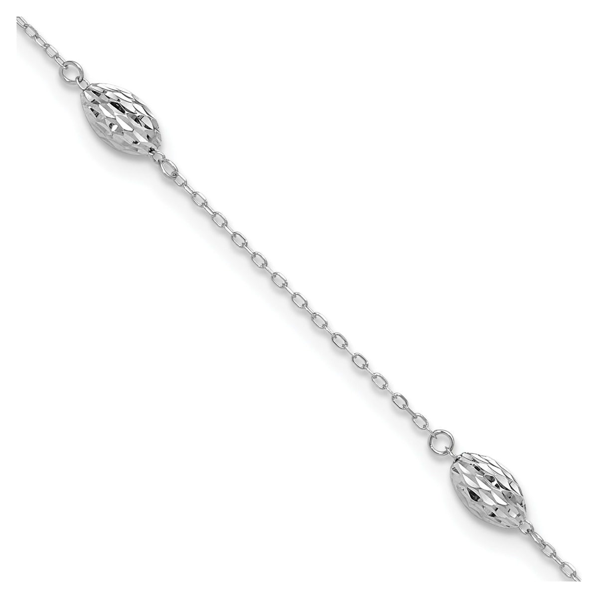 9-inch Adjustable Oval Bead Ankle Bracelet in 14K White Gold front view