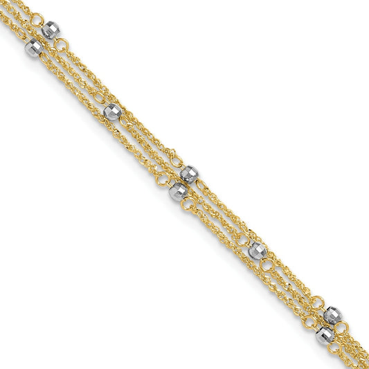 9-inch Adjustable Mirror Bead Triple Strand Ankle Bracelet in 14K Yellow Gold front view