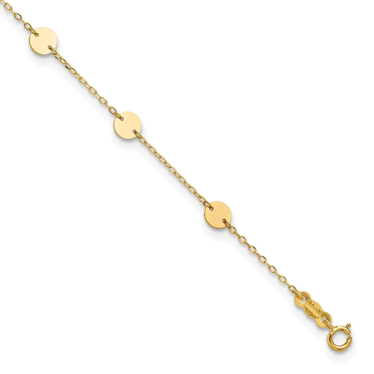 9-inch Adjustable Polished Disc Station Ankle Bracelet in 14K Yellow Gold front view