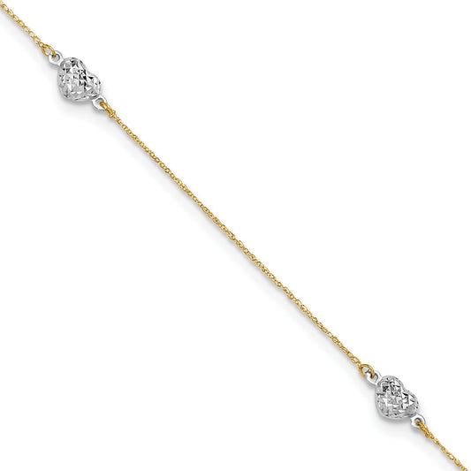 9-inch Adjustable Puffed Diamond Cut Heart Ankle Bracelet in 14K Yellow & White Gold front view
