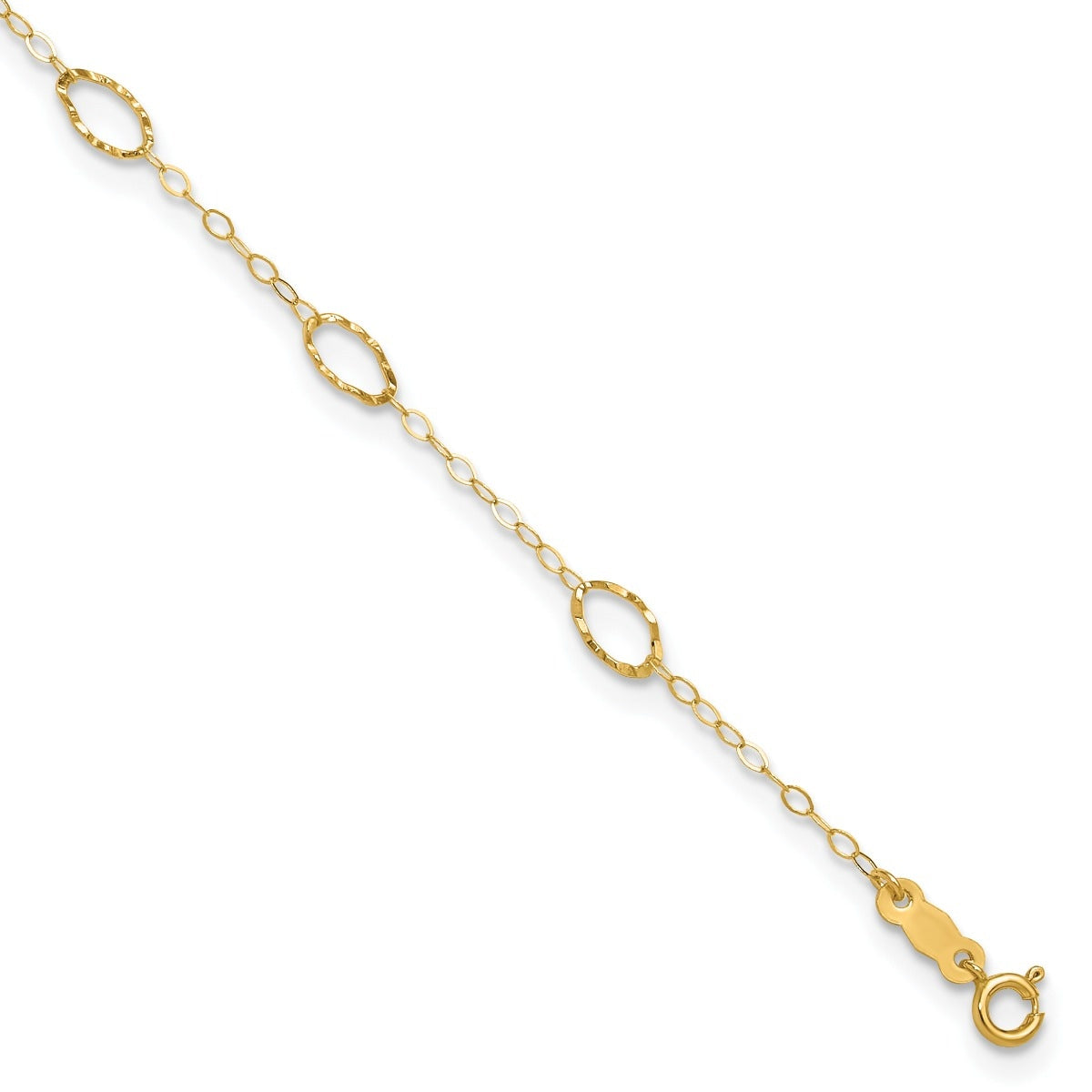 9-inch Adjustable Diamond Cut Oval Link Ankle Bracelet in 14K Yellow Gold front view