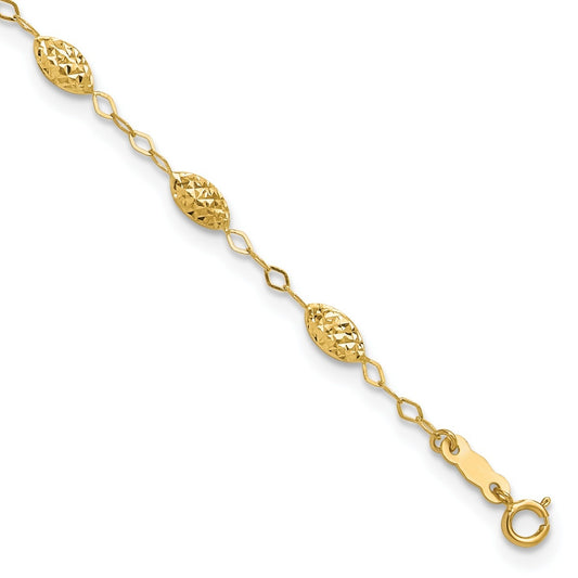 9-inch Adjustable Oval Bead Ankle Bracelet in 14K Yellow Gold front view