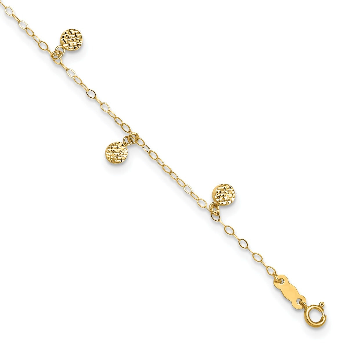 9-inch Diamond Cut Disc Charm Ankle Bracelet in 14K Yellow Gold front view