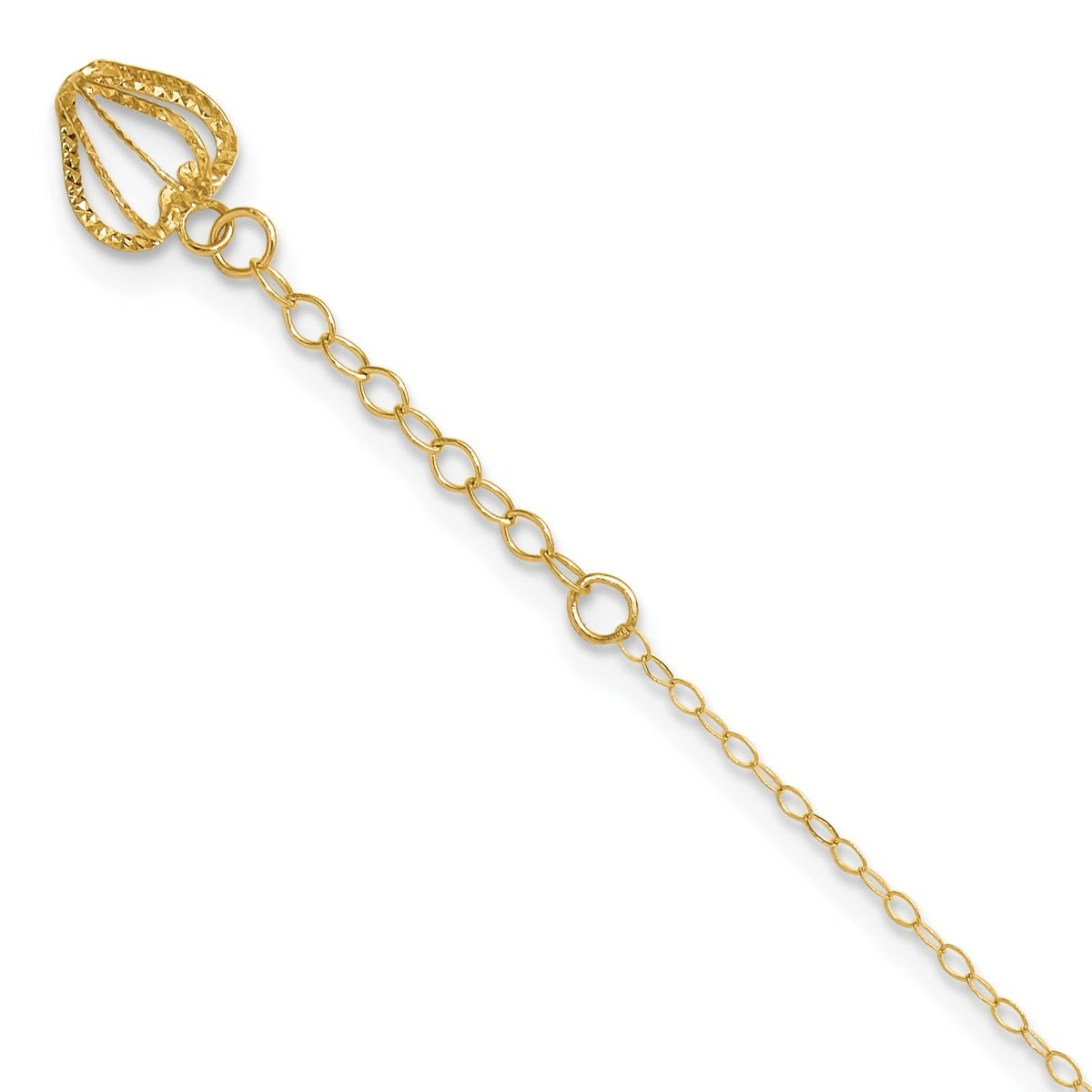 9-inch Adjustable Diamond Cut Heart Cage Ankle Bracelet in 14K Yellow Gold front view