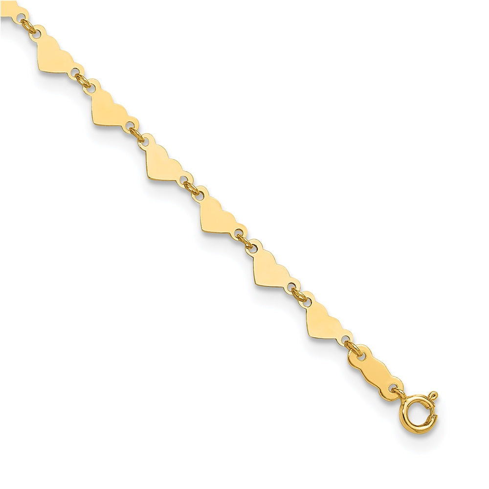 9-inch Adjustable Heart & Oval Link Ankle Bracelet in 14K Yellow Gold front view