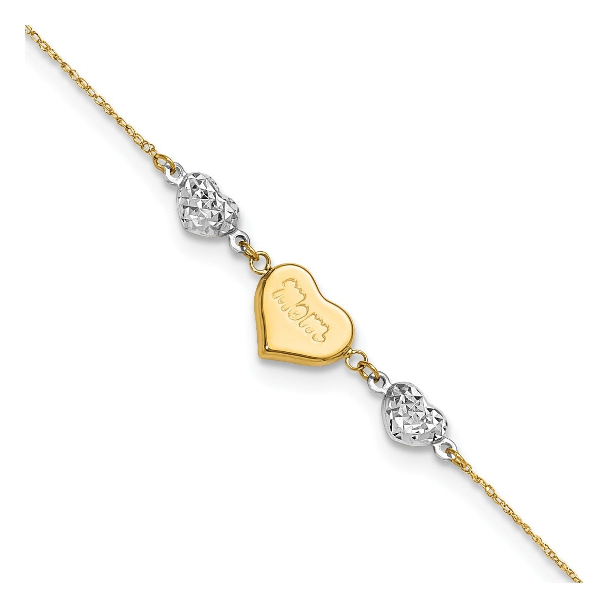 9-inch Adjustable Mom & Diamond Cut Puffed Heart Ankle Bracelet in 14K Yellow & White Gold front view