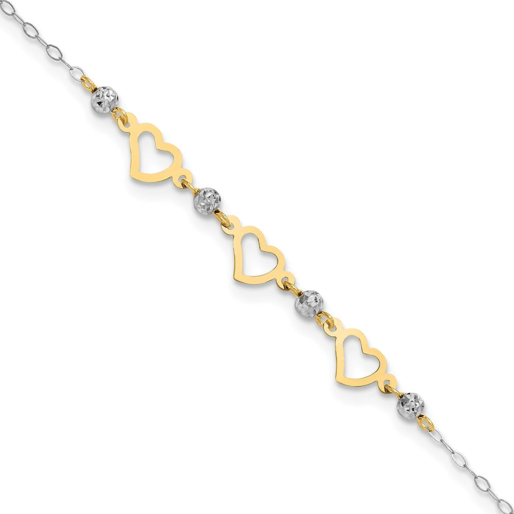 9-inch Adjustable Open Heart & Diamond Cut Bead Ankle Bracelet in 14K Yellow & White Gold front view