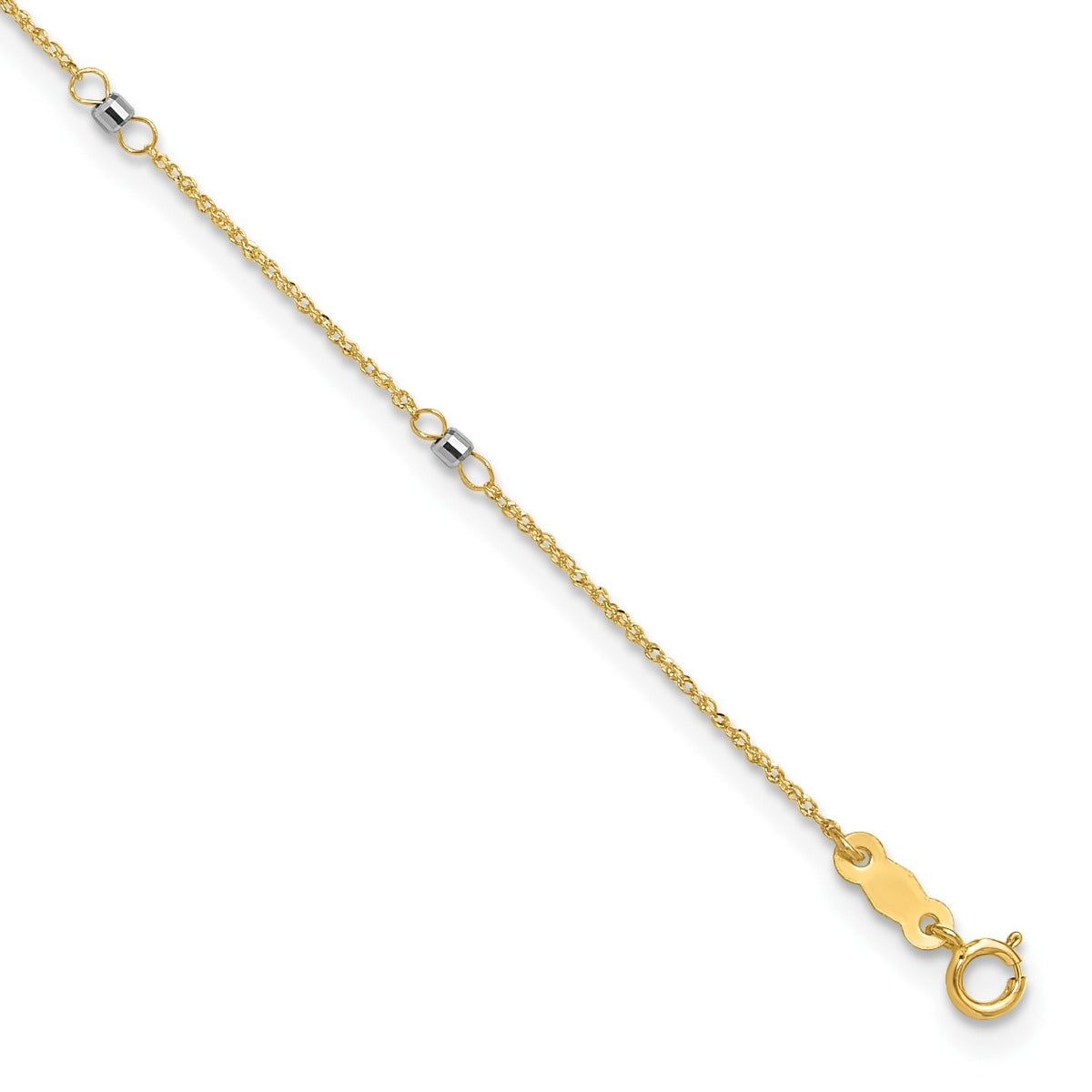 9-inch Adjustable Small Mirror Bead Station Ankle Bracelet in 14K Yellow & White Gold front view