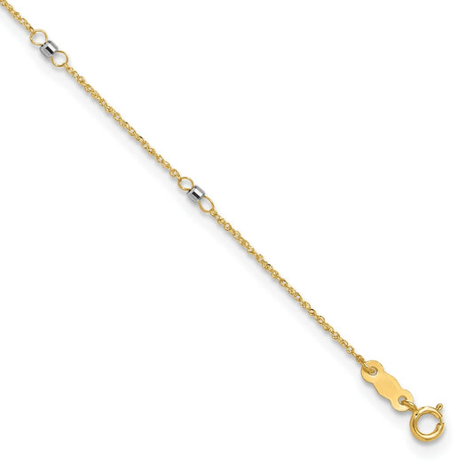 9-inch Adjustable Small Mirror Bead Station Ankle Bracelet in 14K Yellow & White Gold front view