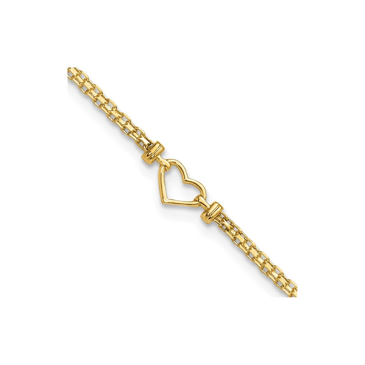 10-inch Polished Open Heart Ankle Bracelet in 14K Yellow Gold front view