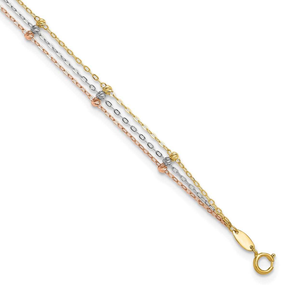 9-inch Adjustable Diamond Cut Bead Triple Strand Ankle Bracelet in Tri-Tone Gold front view