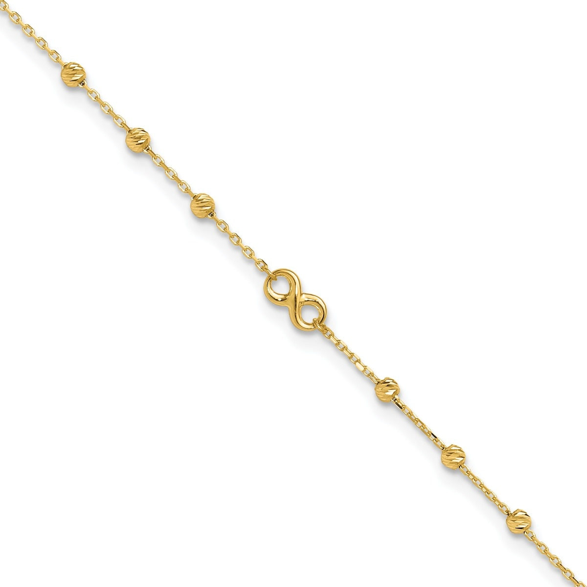 10-inch Adjustable Infinity & Diamond Cut Bead Ankle Bracelet in 10K Yellow Gold front view