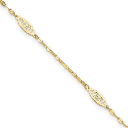 9-inch Adjustable Filigree Oval Link Ankle Bracelet in 14K Yellow Gold front view