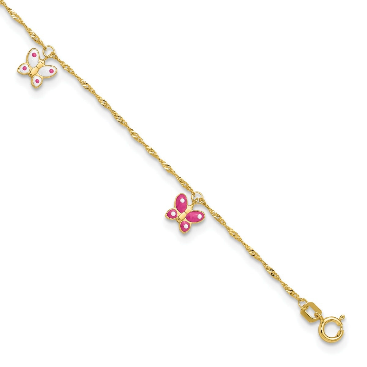 9-inch Adjustable Enamel Butterfly Charm Ankle Bracelet in 14K Yellow Gold front view