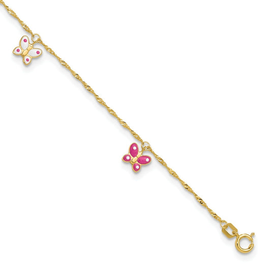 9-inch Adjustable Enamel Butterfly Charm Ankle Bracelet in 14K Yellow Gold front view