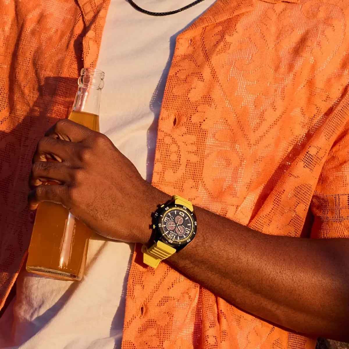 Citizen Men's Brycen Eco-Drive Black Stainless Steel Watch with Black Dial & Yellow Silicone Strap close-up detail