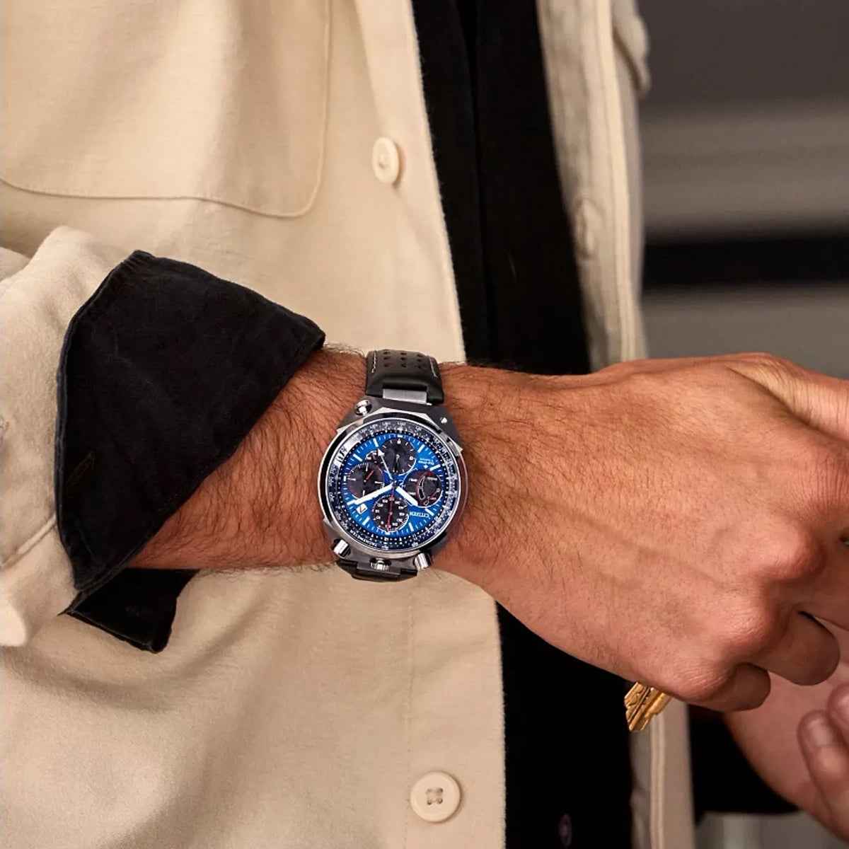 Citizen Men's Promaster Tsuno Chrono Racer Eco-Drive Stainless Steel Watch with Blue Dial & Black Leather close-up detail