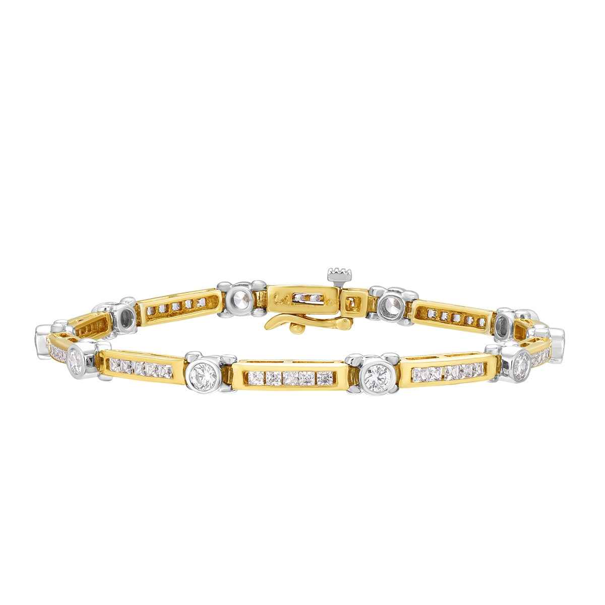 3 ct. tw. Princess Cut & Round Diamond Channel & Bezel Set Bracelet in 14K Yellow & White Gold