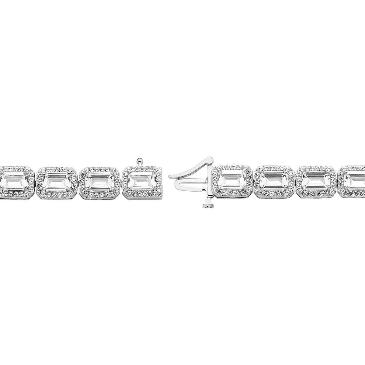 Created Emerald Cut White Sapphire Halo Bracelet in Sterling Silver front view