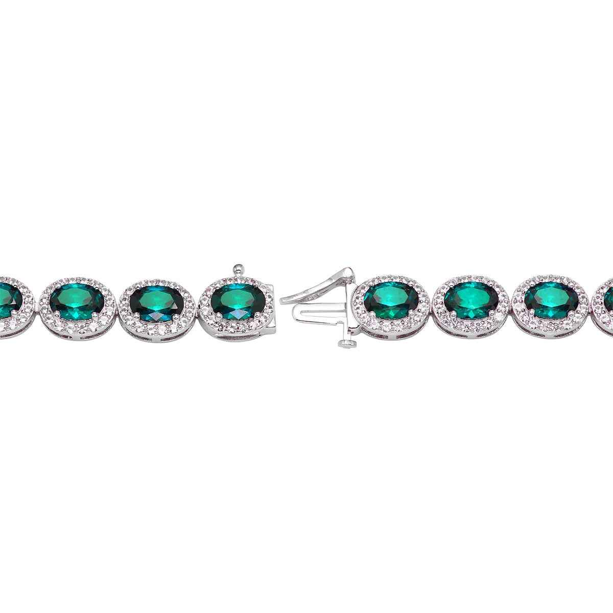 Created Oval Emerald & White Sapphire Halo Bracelet in Sterling Silver front view