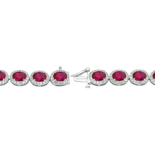 Created Oval Ruby & White Sapphire Halo Bracelet in Sterling Silver front view