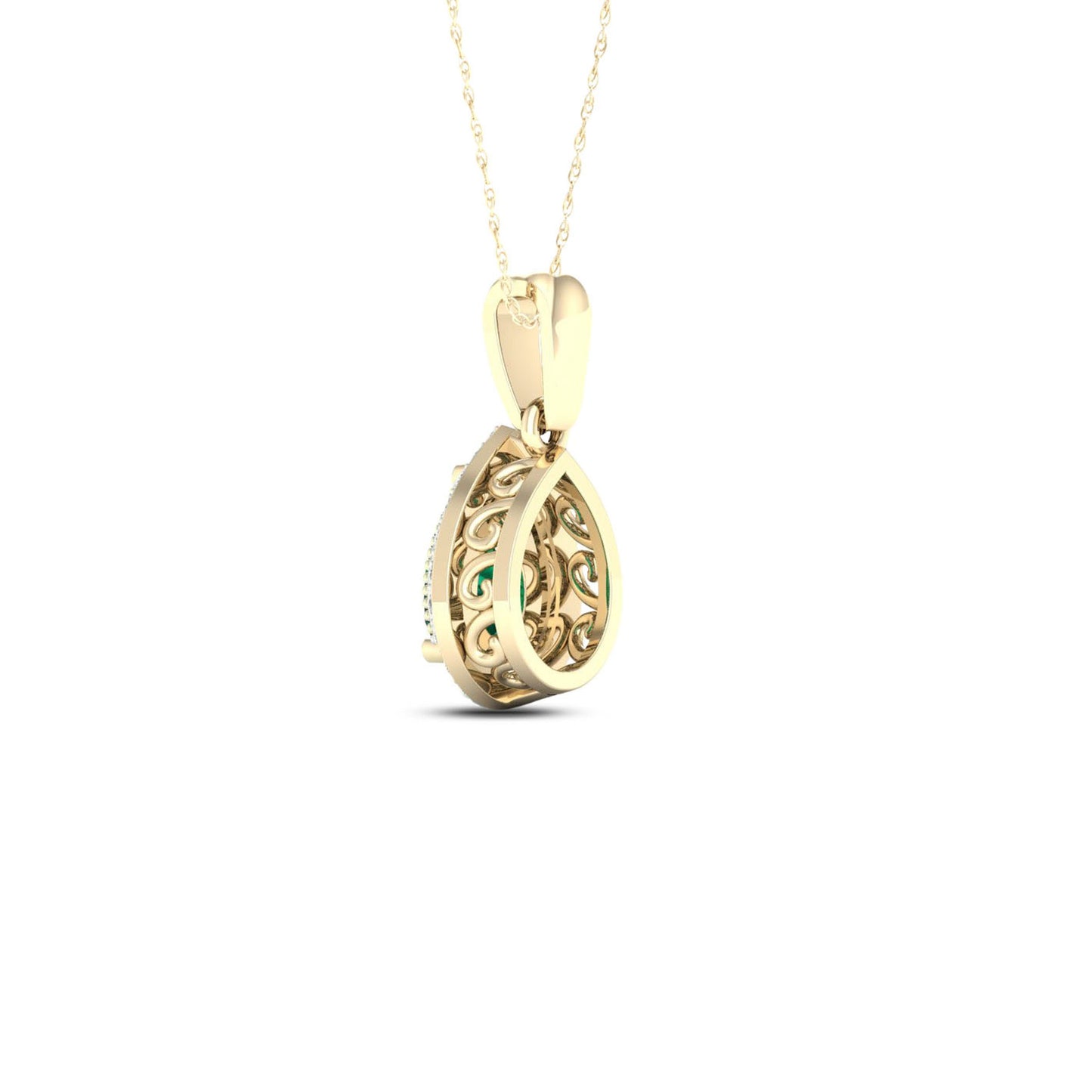 Pear Emerald and Diamond Accent Halo Pendant with Milgrain and Filigree Design in 10K Yellow Gold close-up detail