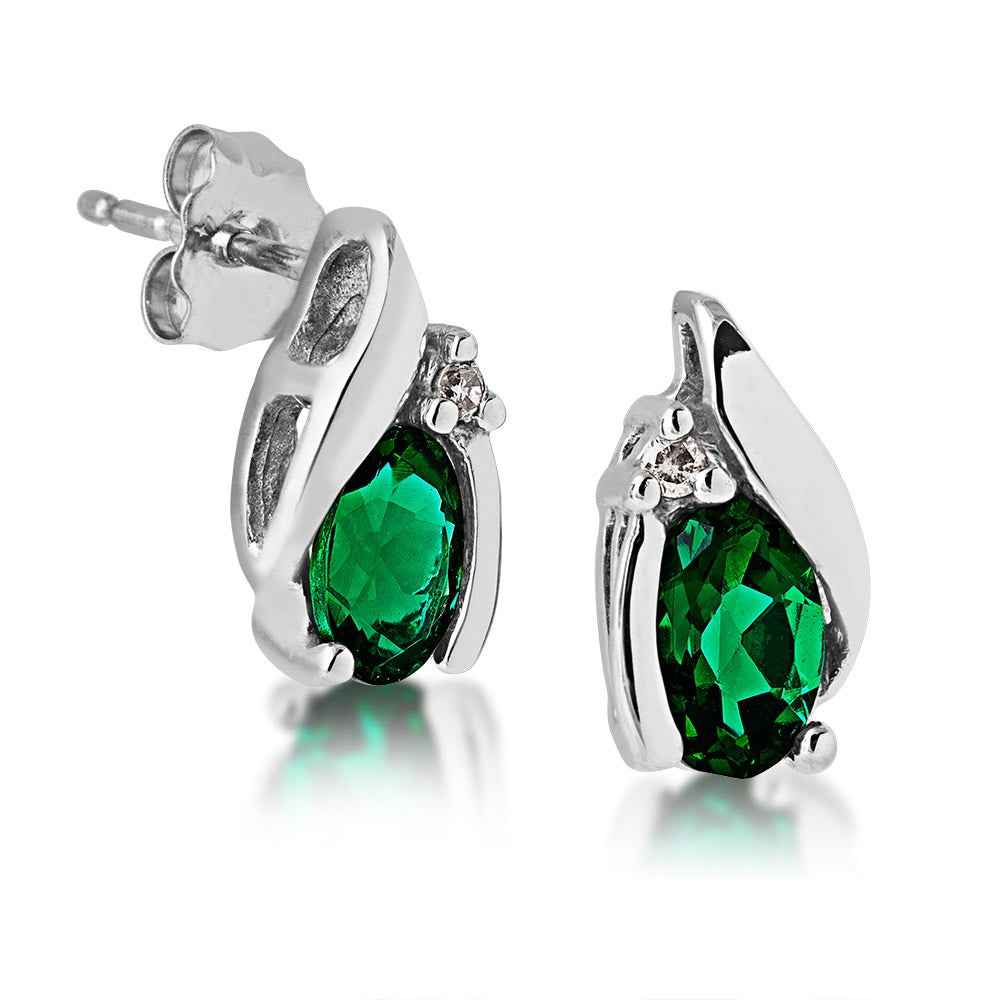Created Oval Emerald & .02 ct. tw. Diamond Earrings in 10K White Gold