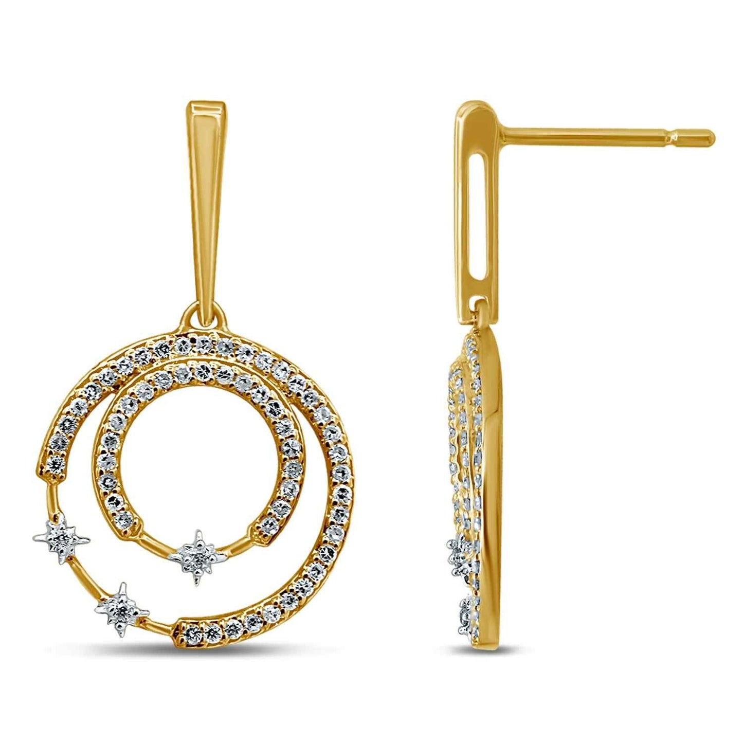 Radiant Universe 1/3 ct. tw. Diamond Circle and Stars Dangle Fashion Earrings in 10K Yellow Gold