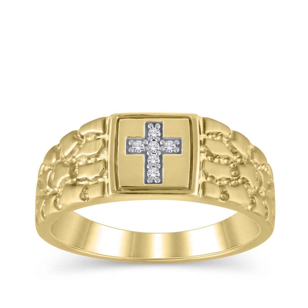 Men's .05ct. tw. Diamond Cross Nugget Ring in 10K Yellow Gold