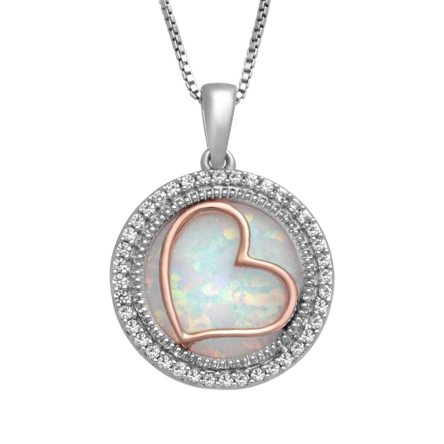 Created Opal & White Sapphire Halo Fashion Pendant with Heart in Two-Tone Sterling Silver