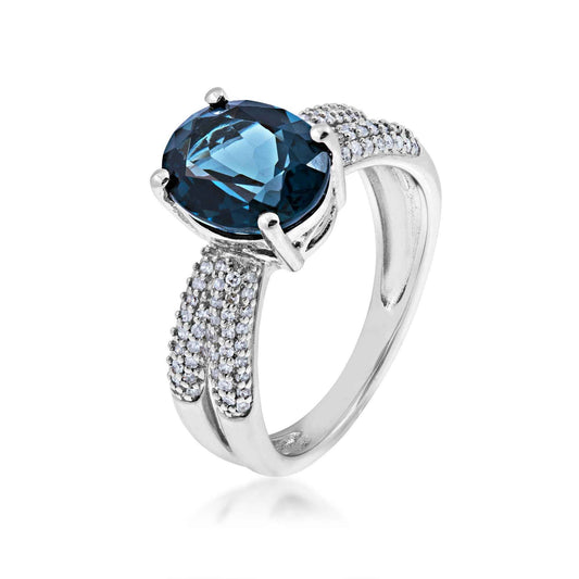 London Blue Topaz and Diamond Ring in Sterling Silver front view