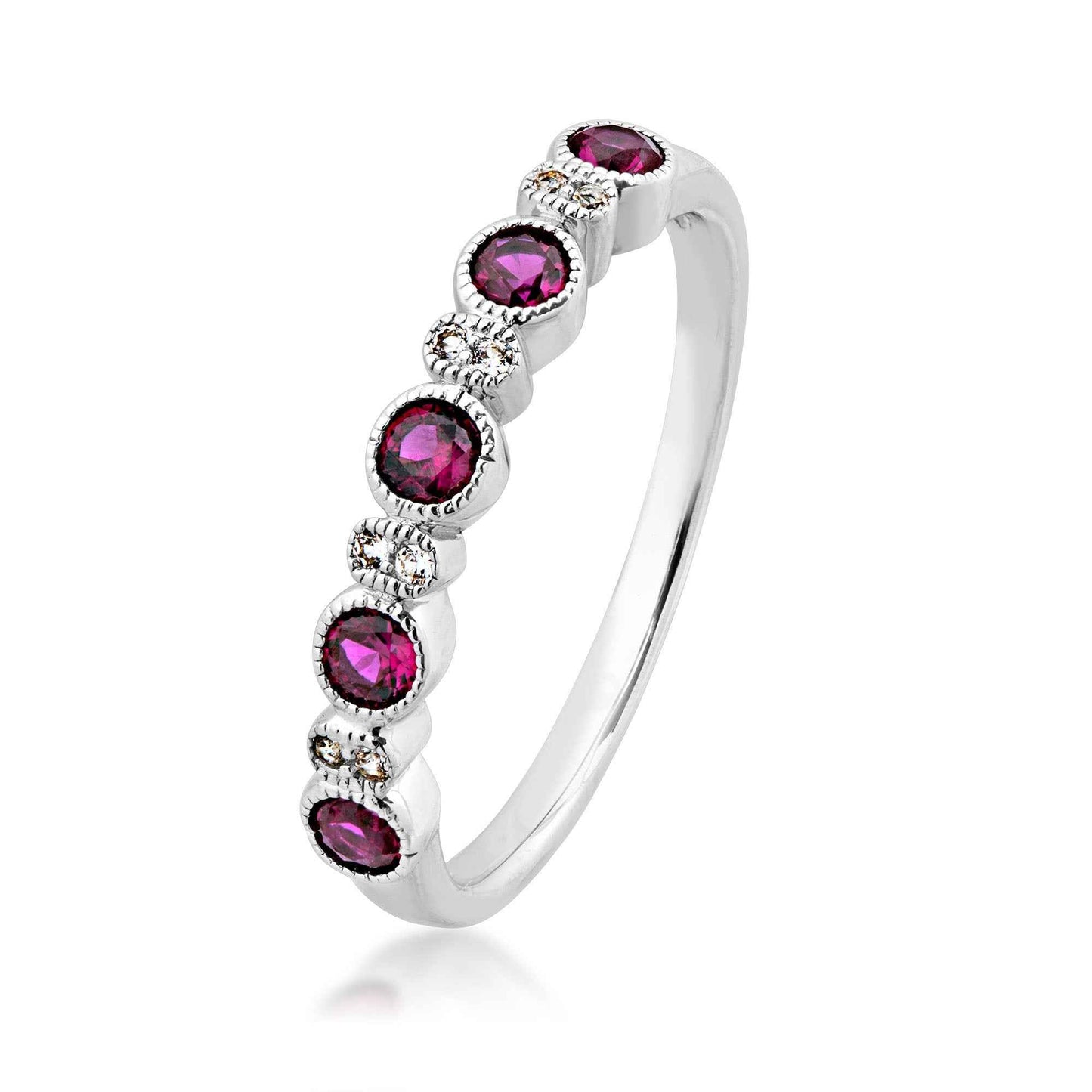 Created Round Ruby & White Sapphire Stackable Ring with Milgrain Halos in Sterling Silver front view