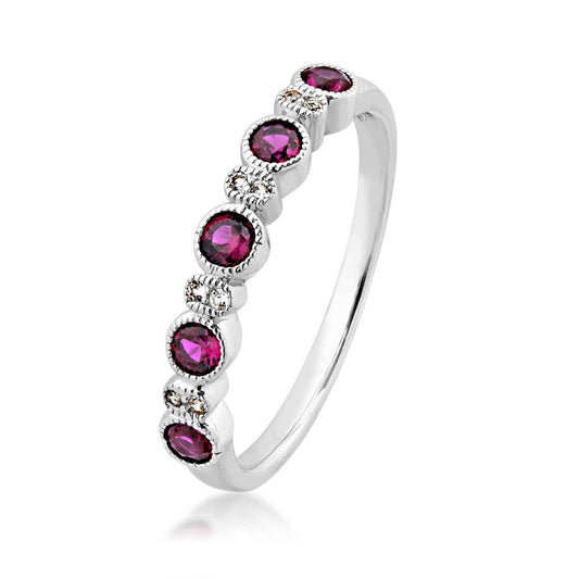 Created Round Ruby & White Sapphire Stackable Ring with Milgrain Halos in Sterling Silver front view