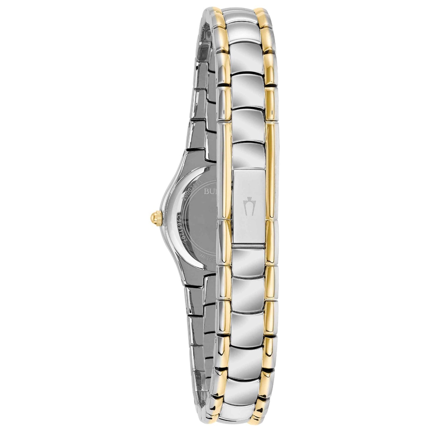 Bulova Classic Collection Ladies' White Dial with Curved Crystal with Metallized Rim in Two-Tone Stainless close-up detail