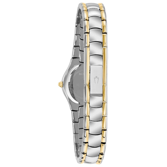 Bulova Classic Collection Ladies' White Dial with Curved Crystal with Metallized Rim in Two-Tone Stainless close-up detail