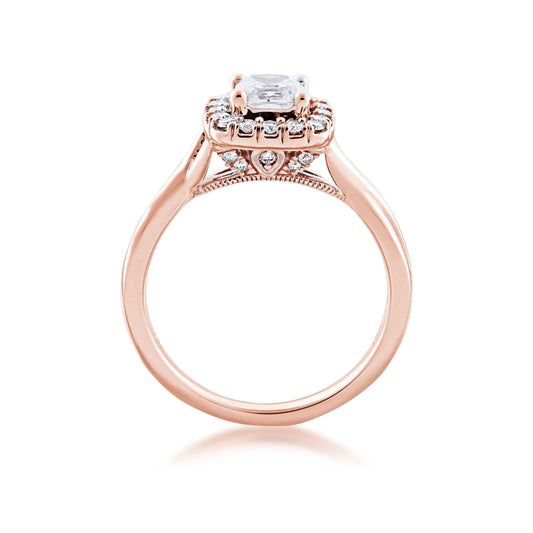 Noventa 1-1/5 ct. tw. Cushion Cut Diamond Center Wedding Set with Round Brilliant Halo & Band in 14K Pink Gold side profile