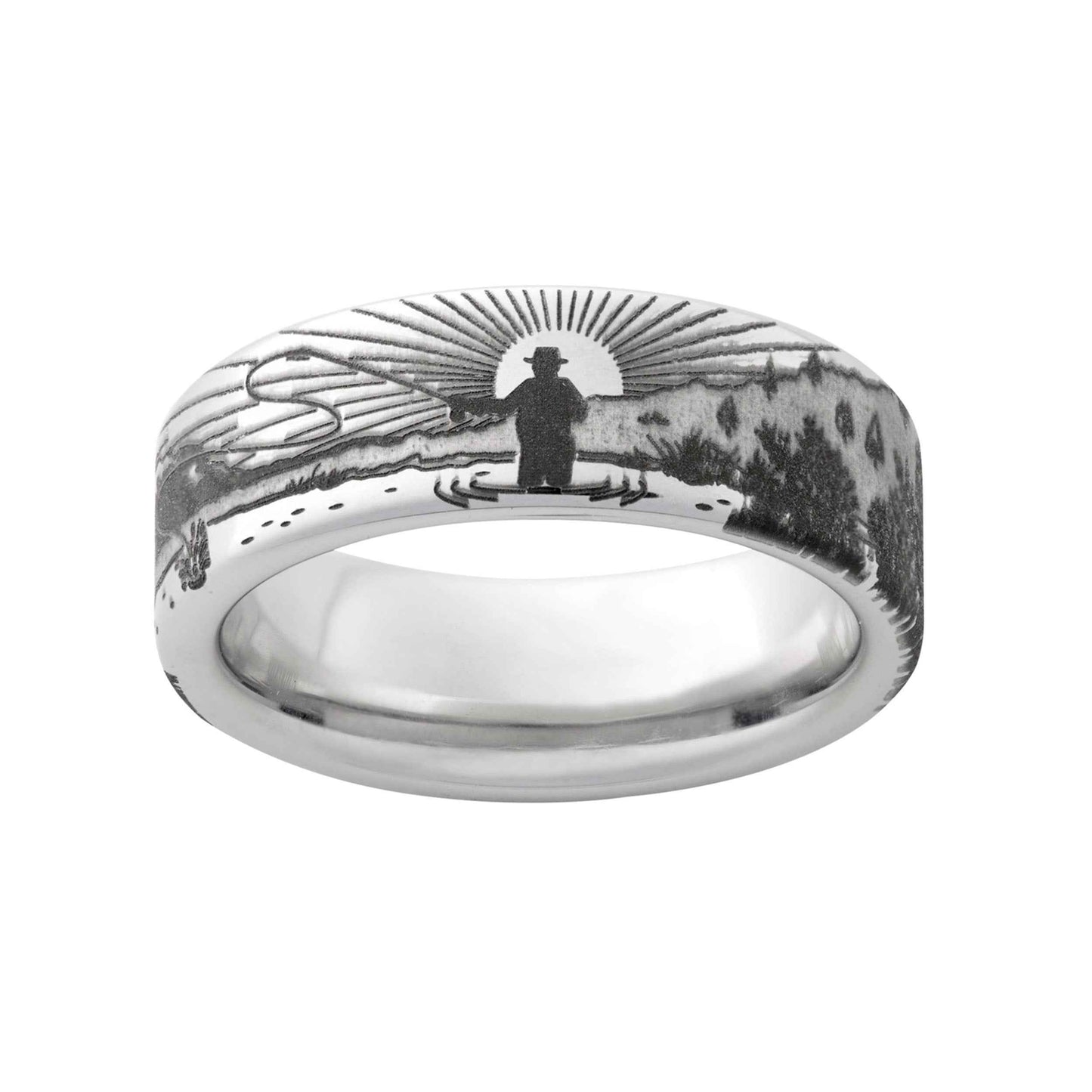 Men's 8.0mm Laser-Etched Sunrise Fisherman Wedding Band in Serinium