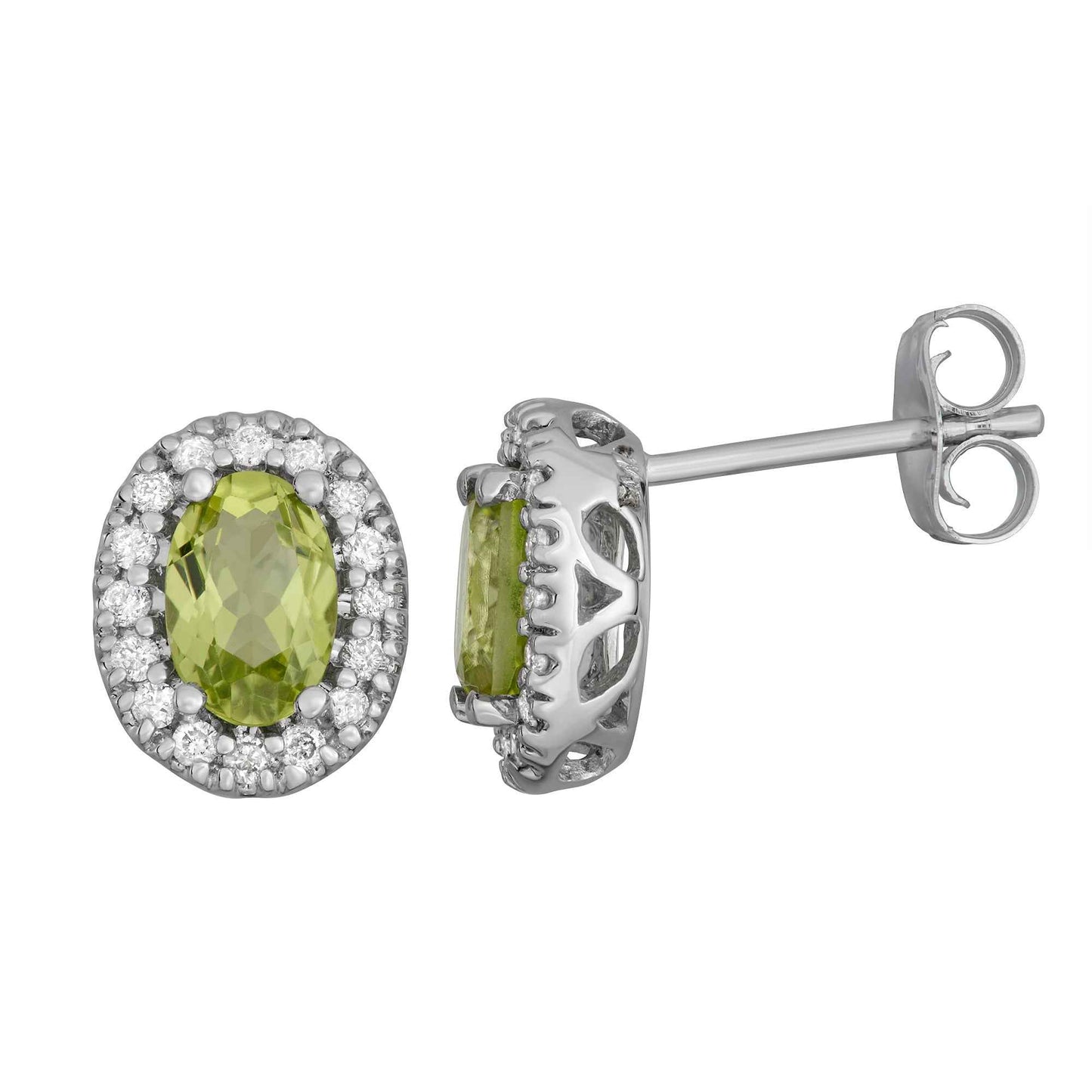 Genuine Oval Peridot Fashion Earrings with 1/6 ct. tw. Diamond Halos in 10K White Gold