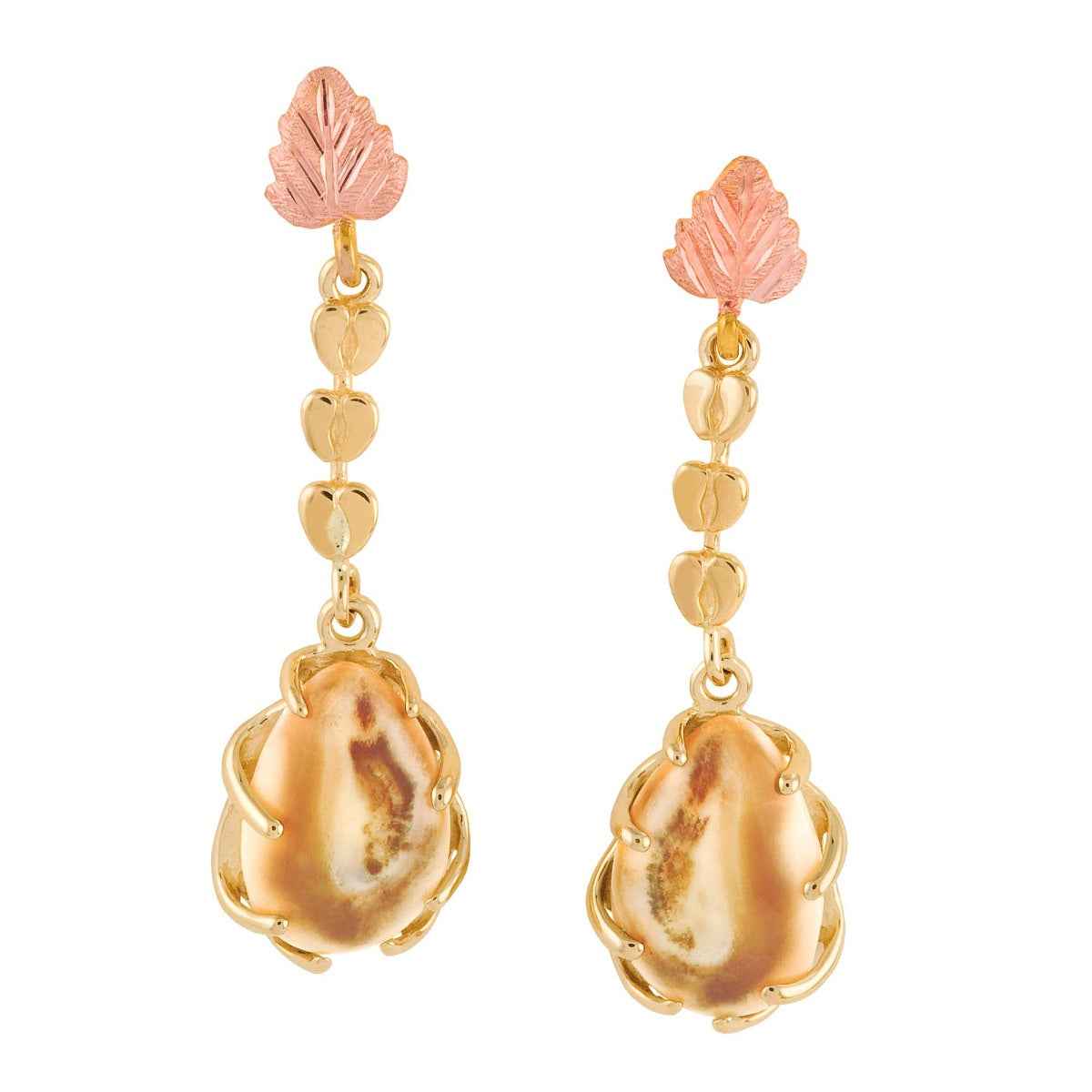 Ladies' Elk Ivory Black Hills Gold Leaf Dangle Earrings with Elk Track Accents in 10K Yellow Gold - I30087 Morningdew