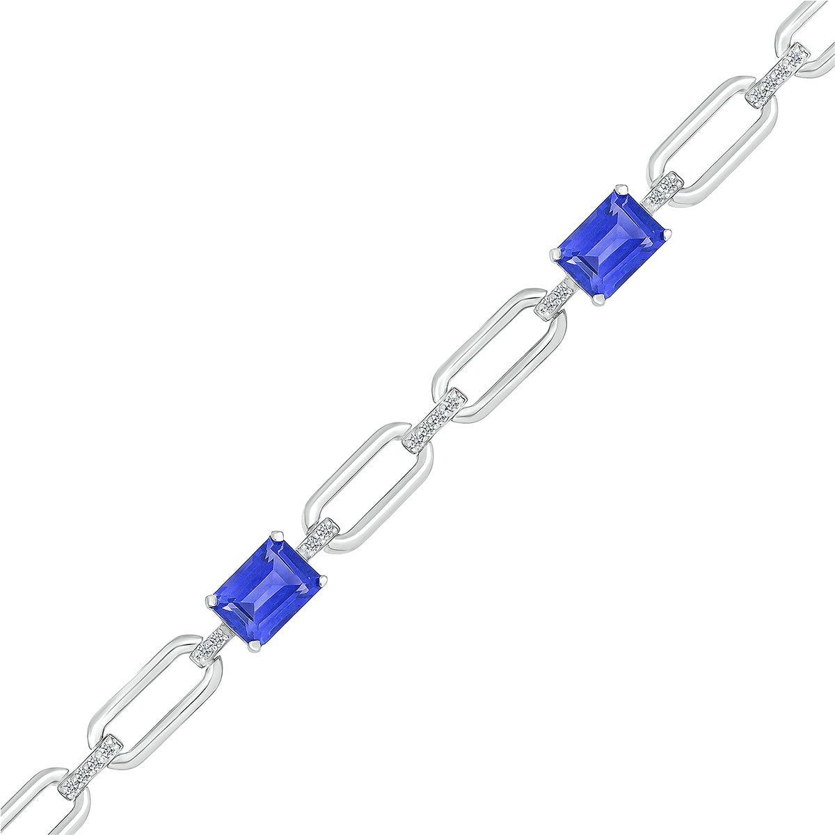 Created Emerald Cut Sapphire & Created White Sapphire Paperclip Bracelet in Sterling Silver front view