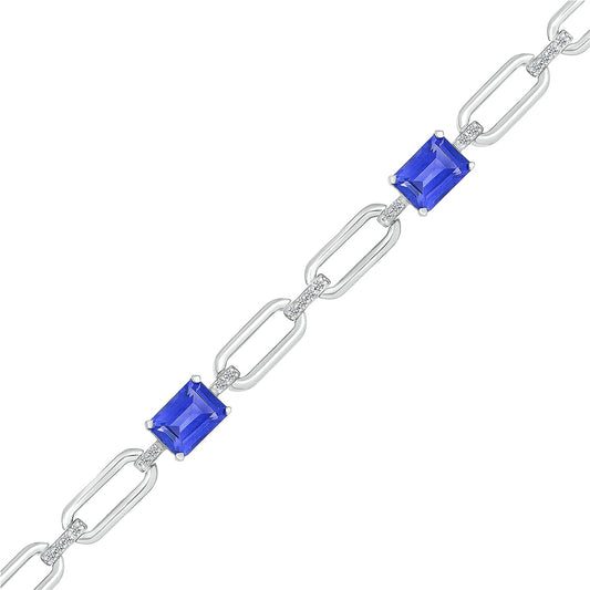 Created Emerald Cut Sapphire & Created White Sapphire Paperclip Bracelet in Sterling Silver front view