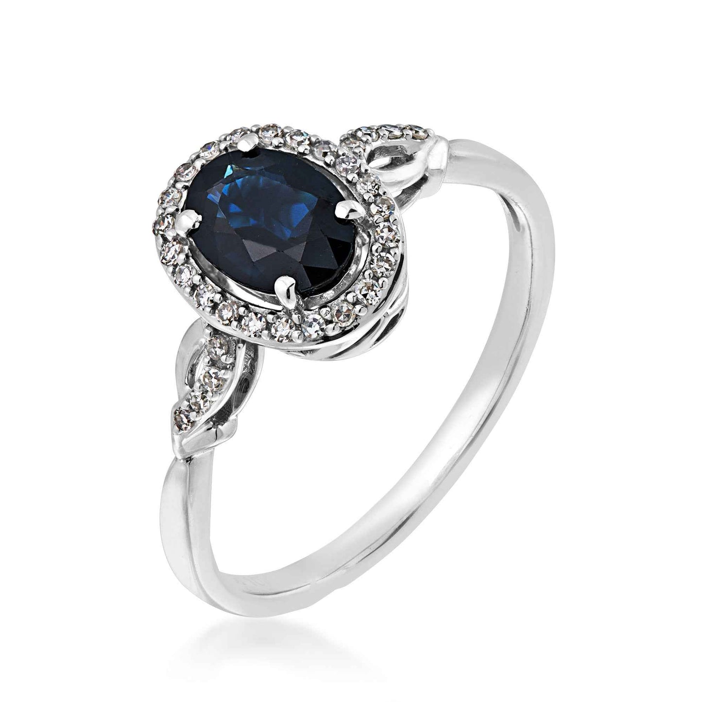 Genuine Oval Sapphire & 1/8 ct. tw. Diamond Halo Ring with Mini Twist Accented Band in 10K White Gold