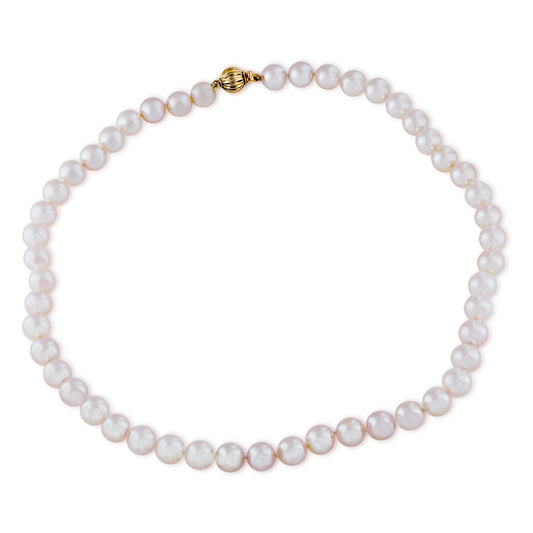 8-8 1/2mm Akoya Pearl Necklace with Corrugated Ball Clasp in 14K Yellow Gold front view