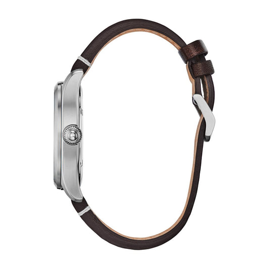 Citizen Men's Garrison Stainless Steel Watch with Green Dial & Brown Leather Strap front view