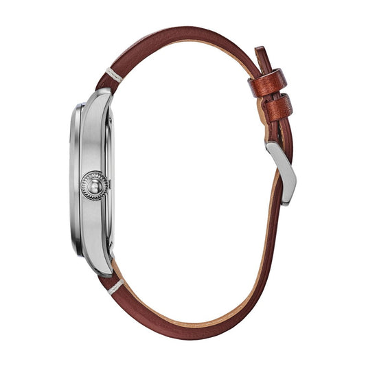 Citizen Men's Garrison Stainless Steel Watch with Blue Dial & Brown Leather Strap front view