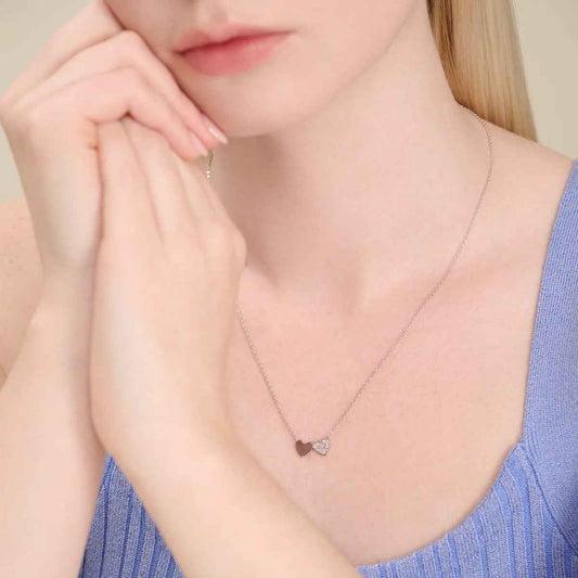 M by Monte Luna 1/8 ct. tw. Lab-Grown Diamond Twin Heart Necklace in Rhodium Plated Sterling Silver front view